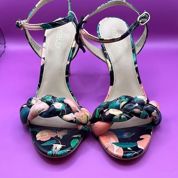 Rachel Zoe Women's 8 Kelly Braid High Heel Sandals Dark Floral Print Leather New - Picture 1 of 11
